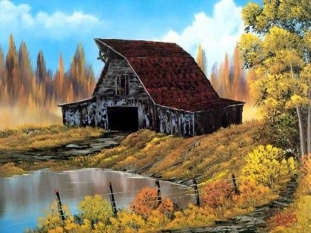 Alter amerikanischer Schuppen am See mit herbstlicher Baumlandschaft