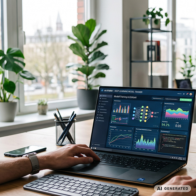AI generiertes Foto eines KI-Laptops am Arbeitsplatz.